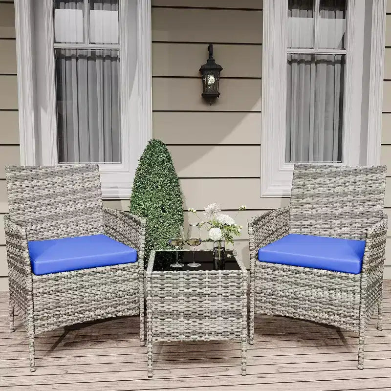 COZONY Set da 3 pezzi per patio esterno, 2 sedie in vimini di PE con tavolo da caffè in vetro e cuscino spesso per balcone, piscina, portico, cortile