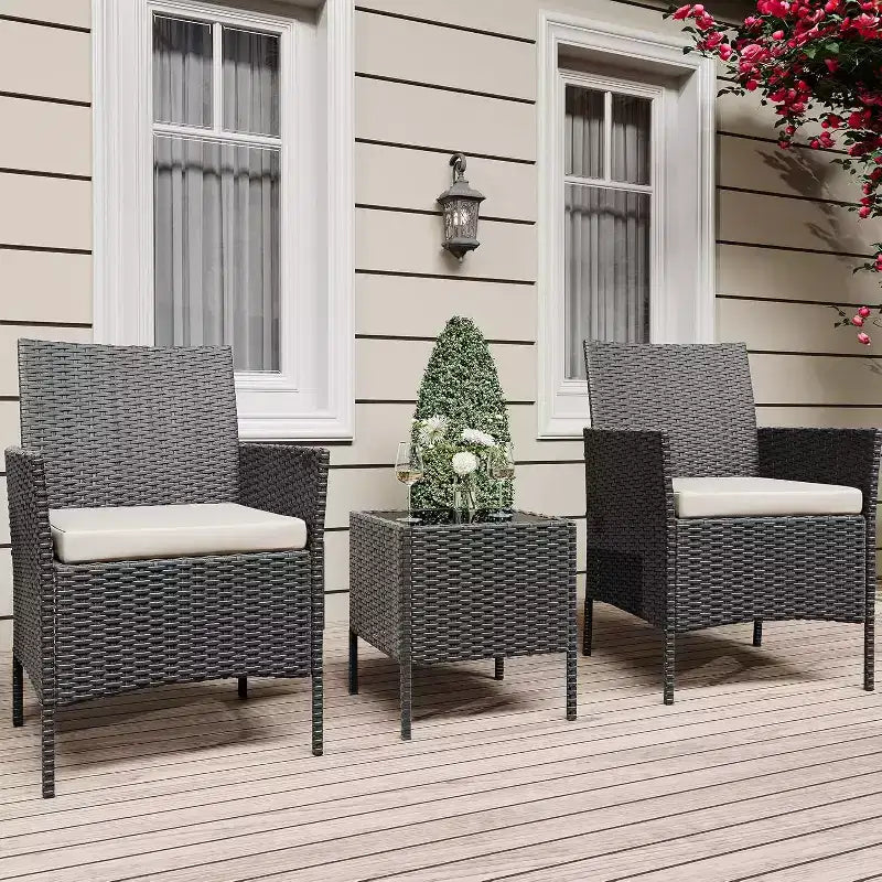 COZONY Set da 3 pezzi per patio esterno, 2 sedie in vimini di PE con tavolo da caffè in vetro e cuscino spesso per balcone, piscina, portico, cortile