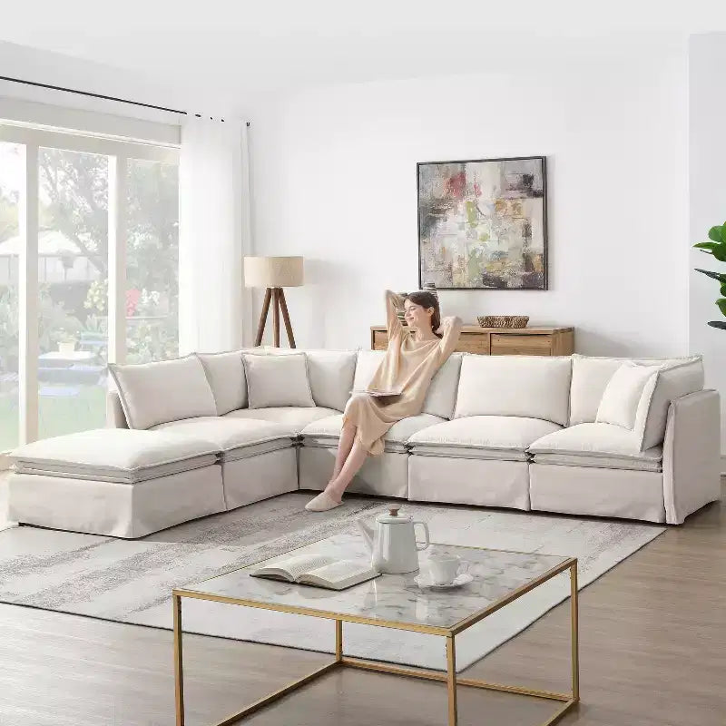 GDFStudio Nelson Moderno Divano Sezionale Modulare a L Fuori Misura in ciniglia da 125,5 cm con Ottomano Mobile