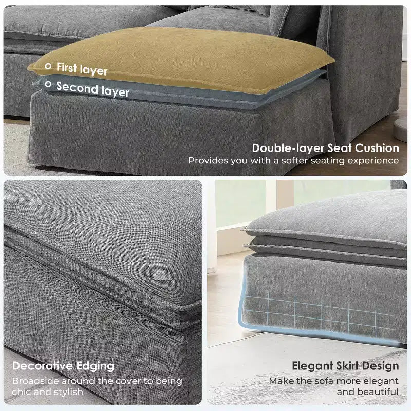 GDFStudio Nelson Moderno Divano Sezionale Modulare a L Fuori Misura in ciniglia da 125,5 cm con Ottomano Mobile