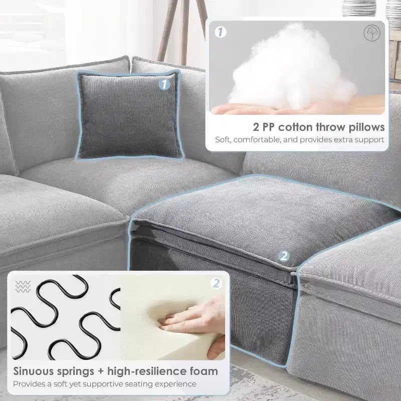 GDFStudio Nelson Moderno Divano Sezionale Modulare a L Fuori Misura in ciniglia da 125,5 cm con Ottomano Mobile