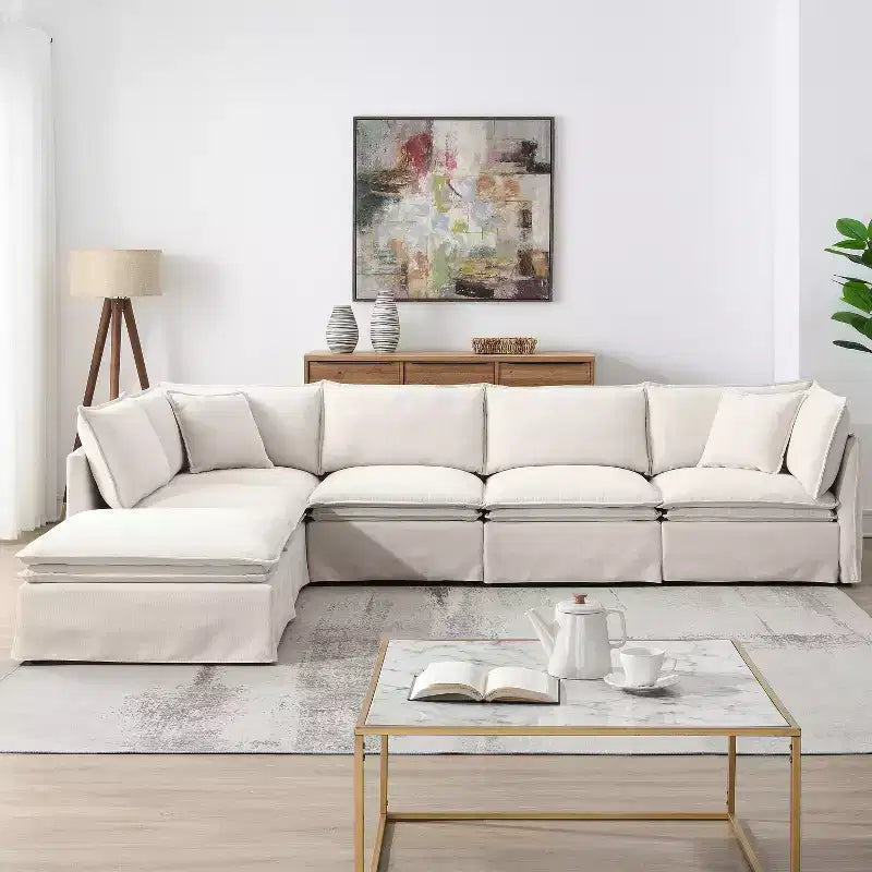 GDFStudio Nelson Moderno Divano Sezionale Modulare a L Fuori Misura in ciniglia da 125,5 cm con Ottomano Mobile