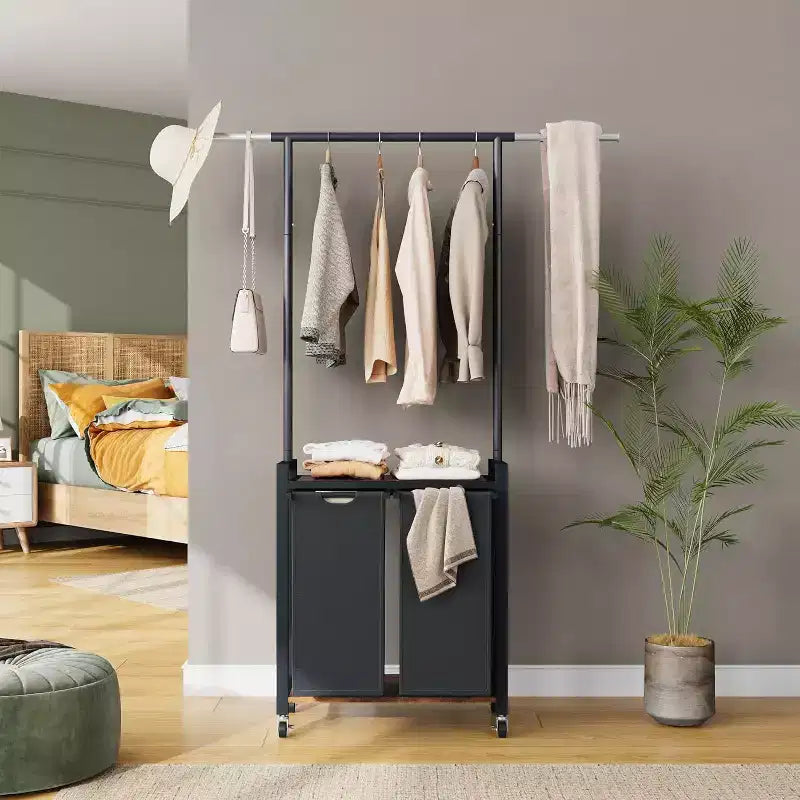 Stand appendiabiti con doppio cesto portabiancheria, Organizzatore mobile per vestiti con mensola per camera da letto/lavanderia