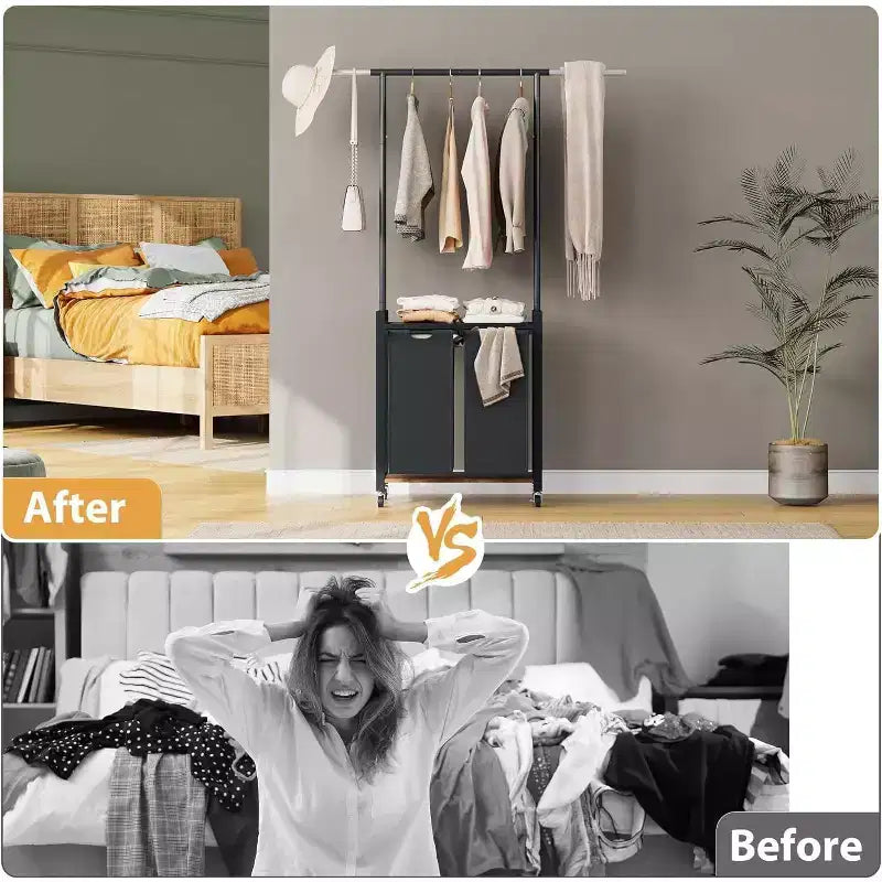 Stand appendiabiti con doppio cesto portabiancheria, Organizzatore mobile per vestiti con mensola per camera da letto/lavanderia