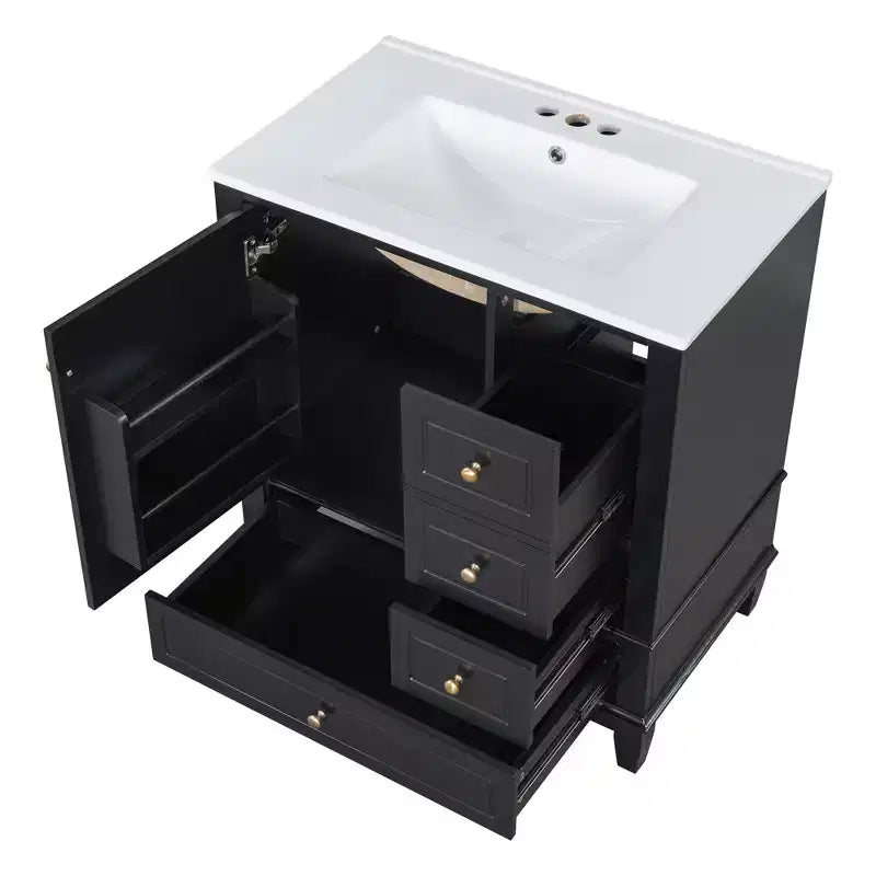 Mobile bagno 30 pollici con lavabo, Mobiletto contenitore da bagno con cassetti e ripiano, Mobile da bagno con lavabo singolo