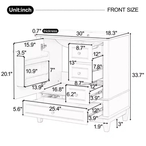 Mobile bagno 30 pollici con lavabo, Mobiletto contenitore da bagno con cassetti e ripiano, Mobile da bagno con lavabo singolo