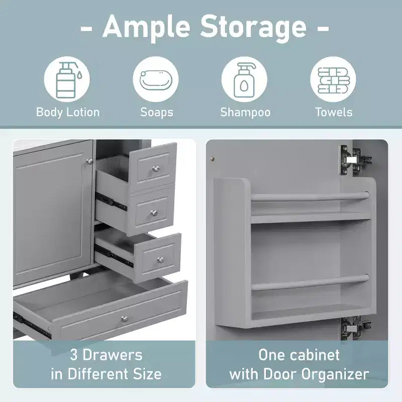 Mobile bagno 30 pollici con lavabo, Mobiletto contenitore da bagno con cassetti e ripiano, Mobile da bagno con lavabo singolo