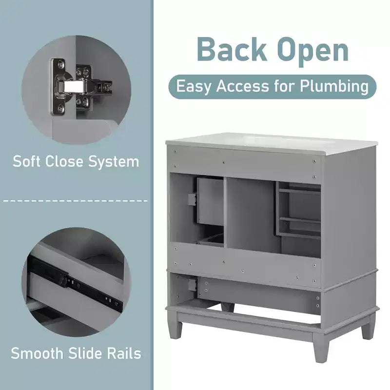 Mobile bagno 30 pollici con lavabo, Mobiletto contenitore da bagno con cassetti e ripiano, Mobile da bagno con lavabo singolo