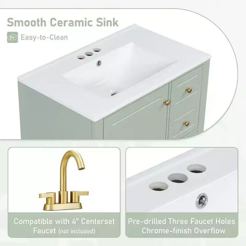 Mobile bagno 30 pollici con lavabo, Mobiletto contenitore da bagno con cassetti e ripiano, Mobile da bagno con lavabo singolo