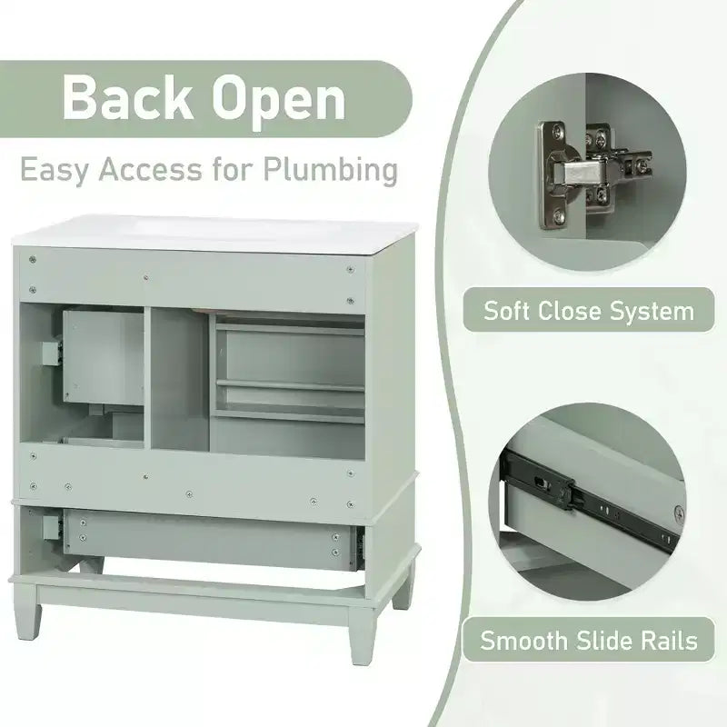 Mobile bagno 30 pollici con lavabo, Mobiletto contenitore da bagno con cassetti e ripiano, Mobile da bagno con lavabo singolo