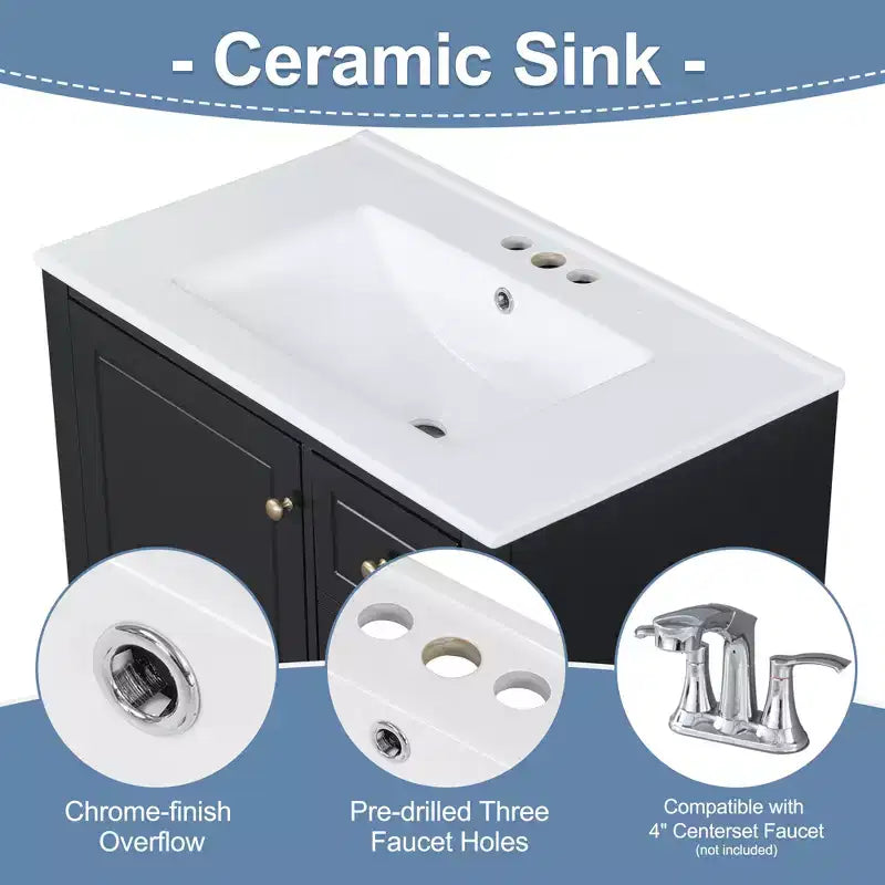 Mobile bagno 30 pollici con lavabo, Mobiletto contenitore da bagno con cassetti e ripiano, Mobile da bagno con lavabo singolo