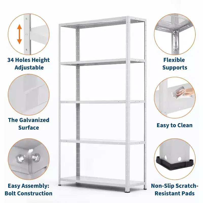 Scaffale a 5 ripiani in acciaio resistente, libreria alta, capacità 227 kg, scaffali da garage con altezza regolabile, scaffali in metallo per interni ed esterni