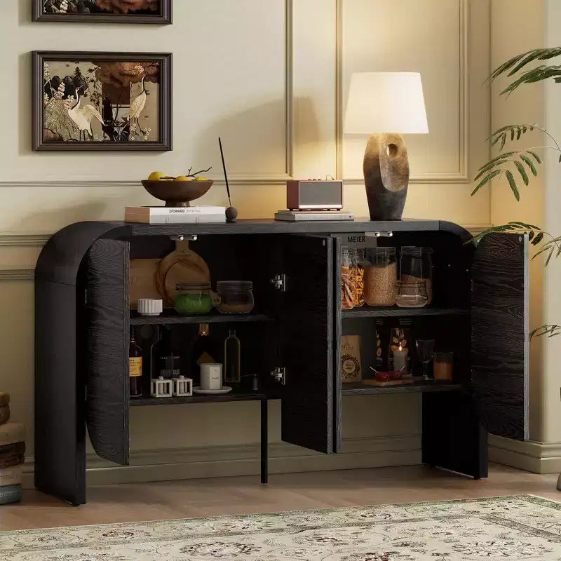 Madia a quattro ante in stile retrò, credenza in legno con ampio spazio contenitivo e angoli arrotondati, perfetta per soggiorno o ingresso, nera, 74 cm.