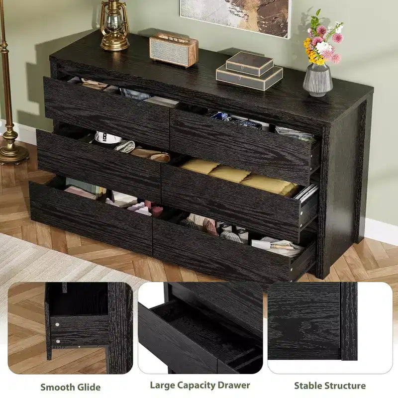 Cassettiera rustica da 6 cassetti per camera da letto, cassettiera in legno, armadio contenitore senza maniglie con cassetti per camera da letto, soggiorno, con sicurezza anti-ribaltamento