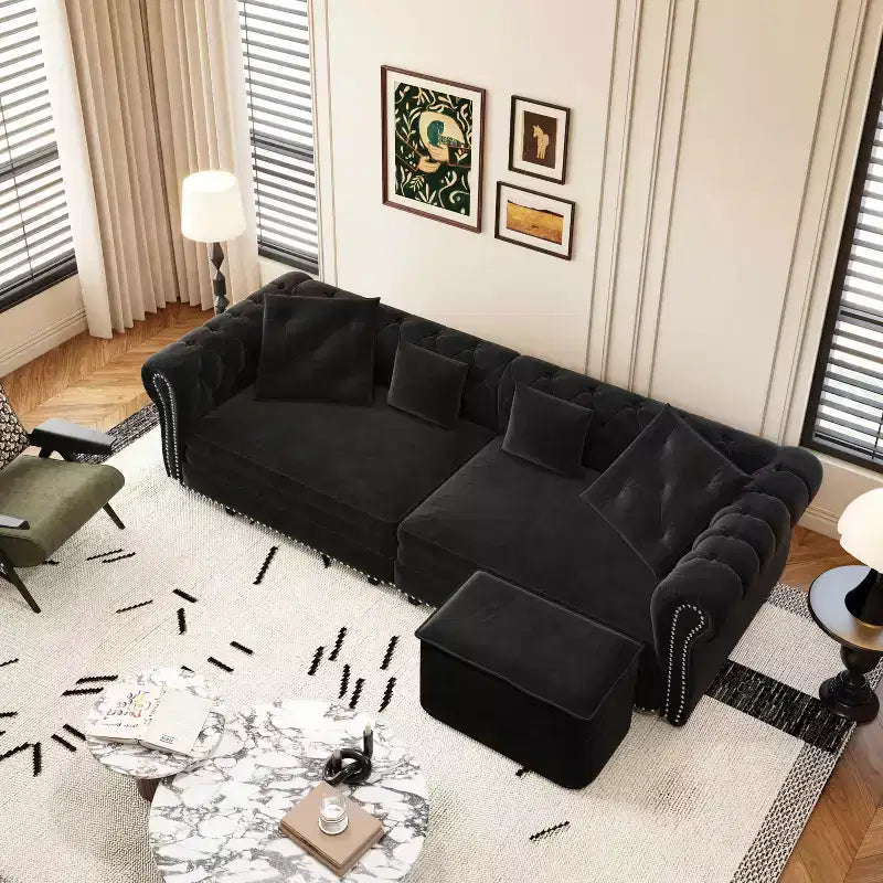 MAYEERTY 89 Divano a 3 posti in velluto con pouf mobile, divano letto estraibile 3 in 1, divano letto King Size nero