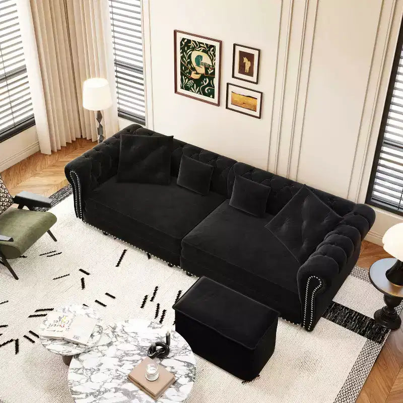 MAYEERTY 89 Divano a 3 posti in velluto con pouf mobile, divano letto estraibile 3 in 1, divano letto King Size nero
