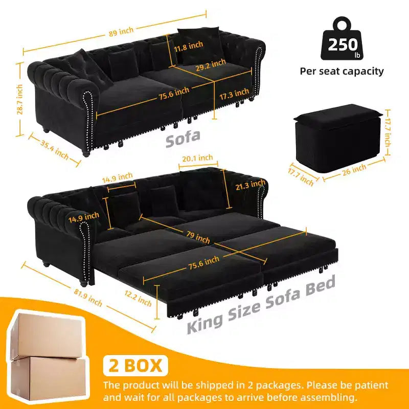 MAYEERTY 89 Divano a 3 posti in velluto con pouf mobile, divano letto estraibile 3 in 1, divano letto King Size nero
