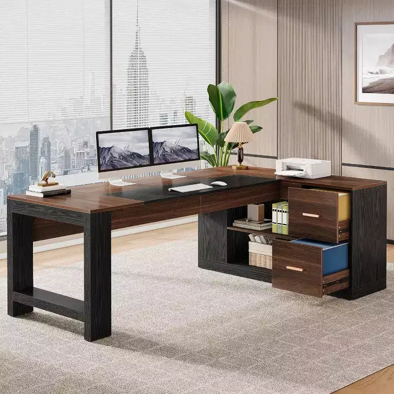 Scrivania direzionale a L Lantine 78 con cassetti, grande scrivania angolare per computer con armadietto, postazione di lavoro in legno per ufficio domestico
