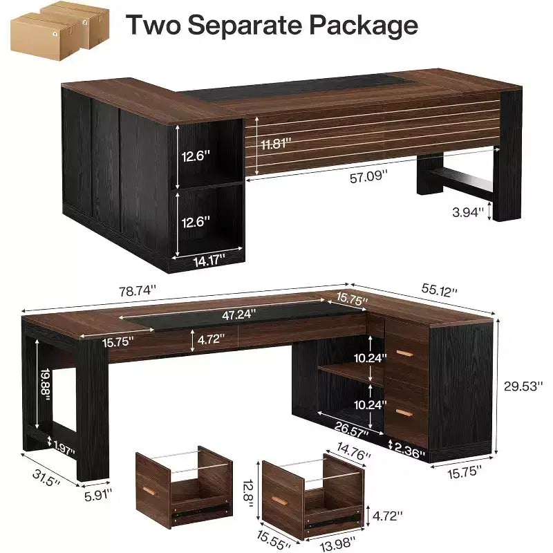 Scrivania direzionale a L Lantine 78 con cassetti, grande scrivania angolare per computer con armadietto, postazione di lavoro in legno per ufficio domestico