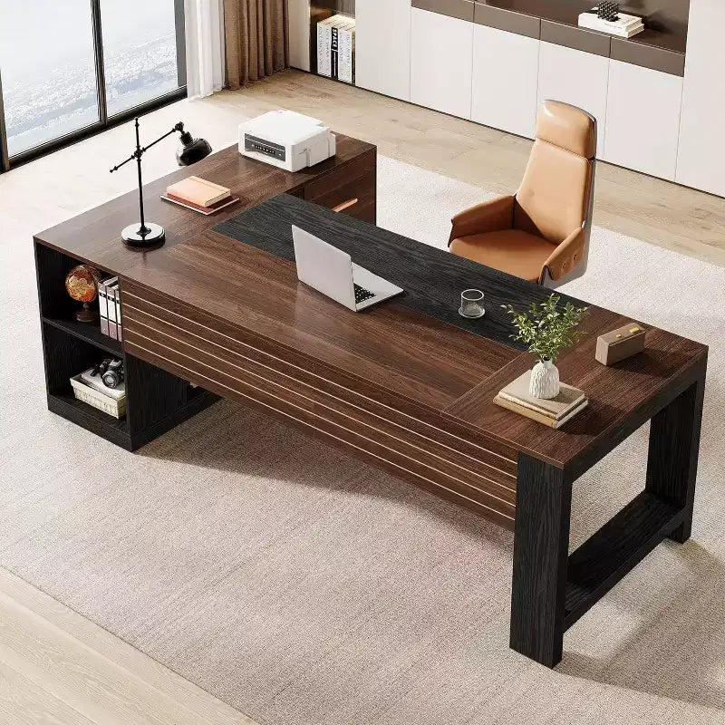 Scrivania direzionale a L Lantine 78 con cassetti, grande scrivania angolare per computer con armadietto, postazione di lavoro in legno per ufficio domestico