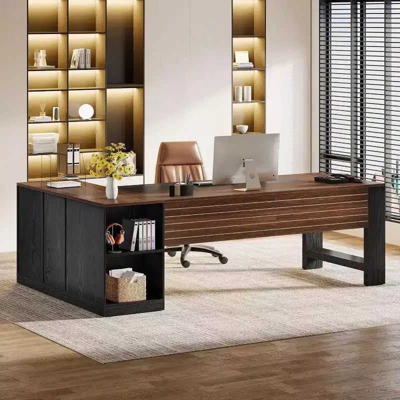 Scrivania direzionale a L Lantine 78 con cassetti, grande scrivania angolare per computer con armadietto, postazione di lavoro in legno per ufficio domestico