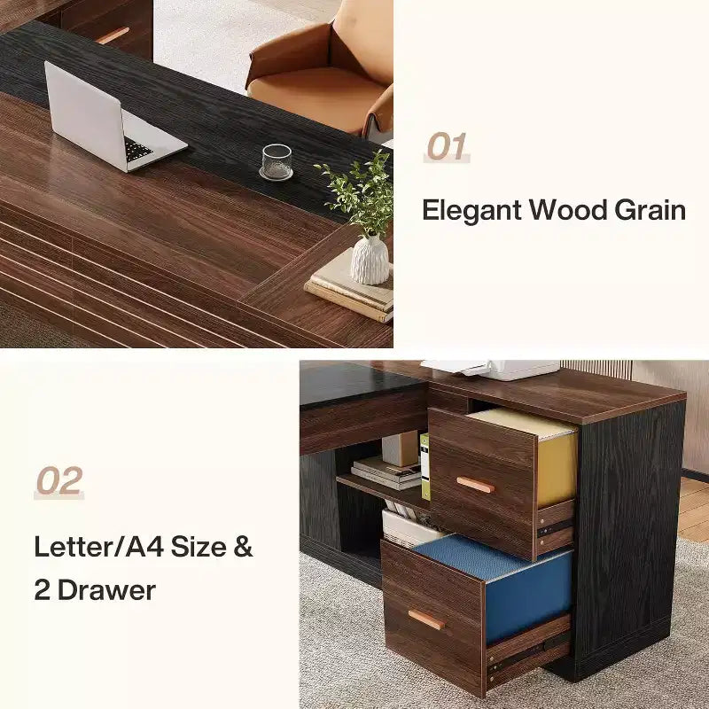 Scrivania direzionale a L Lantine 78 con cassetti, grande scrivania angolare per computer con armadietto, postazione di lavoro in legno per ufficio domestico