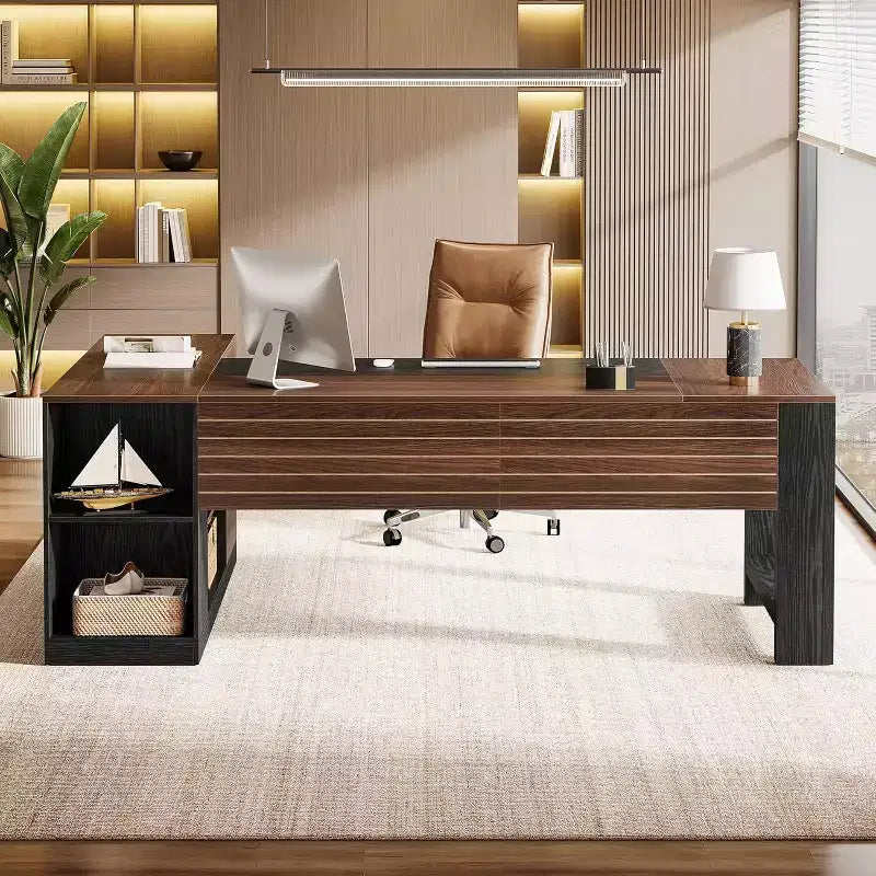Scrivania direzionale a L Lantine 78 con cassetti, grande scrivania angolare per computer con armadietto, postazione di lavoro in legno per ufficio domestico
