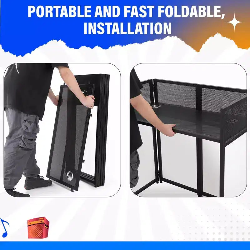 Cabina Portatile da DJ, Postazione da DJ Pieghevole con Tessuto Illuminato, Stand con Piedini Regolabili per Eventi, Struttura in Metallo Nero