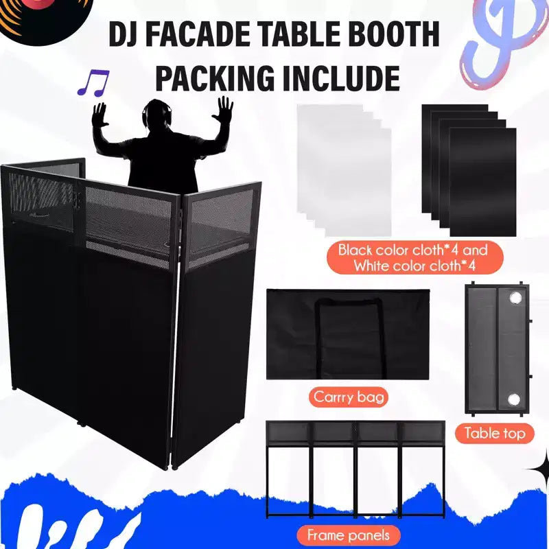 Cabina Portatile da DJ, Postazione da DJ Pieghevole con Tessuto Illuminato, Stand con Piedini Regolabili per Eventi, Struttura in Metallo Nero