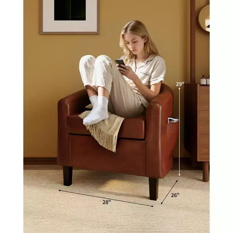 Poltrona a pozzetto, piccola poltrona con braccioli e cuscino in PU, 25x26.8x28, poltrona lounge in similpelle marrone, grigio e nero per spazi compatti