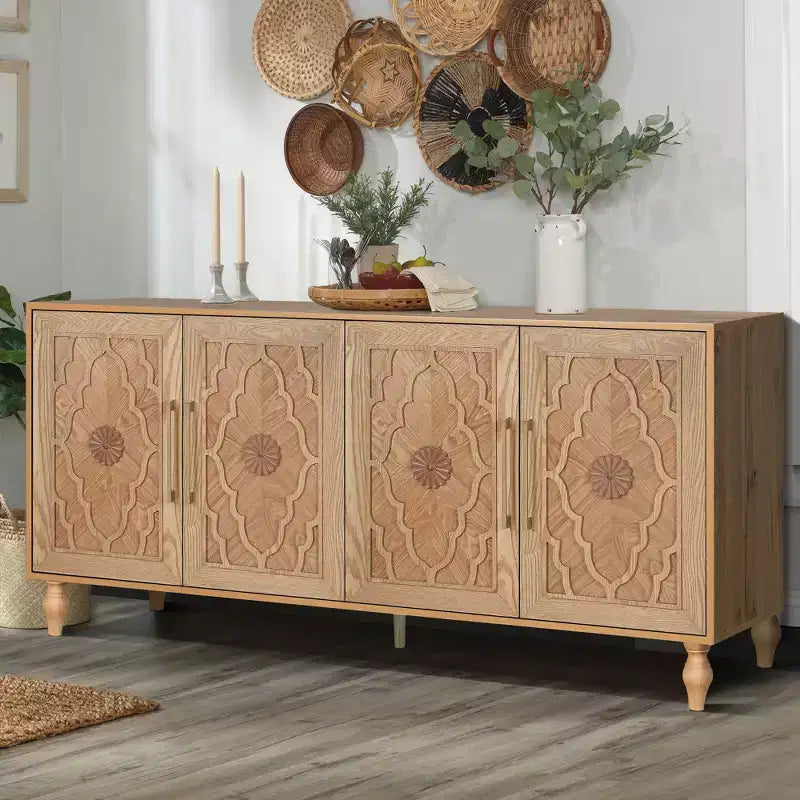 Clihome 63 Mobile Contenitore Grande con Maniglia in Metallo, Ante Intagliate a Fiori, Credenza Consolle Moderna in Legno con Ripiani Regolabili
