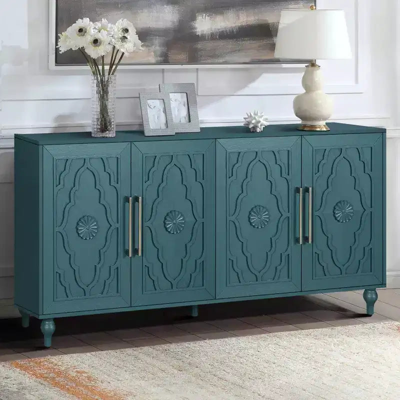 Clihome 63 Mobile Contenitore Grande con Maniglia in Metallo, Ante Intagliate a Fiori, Credenza Consolle Moderna in Legno con Ripiani Regolabili
