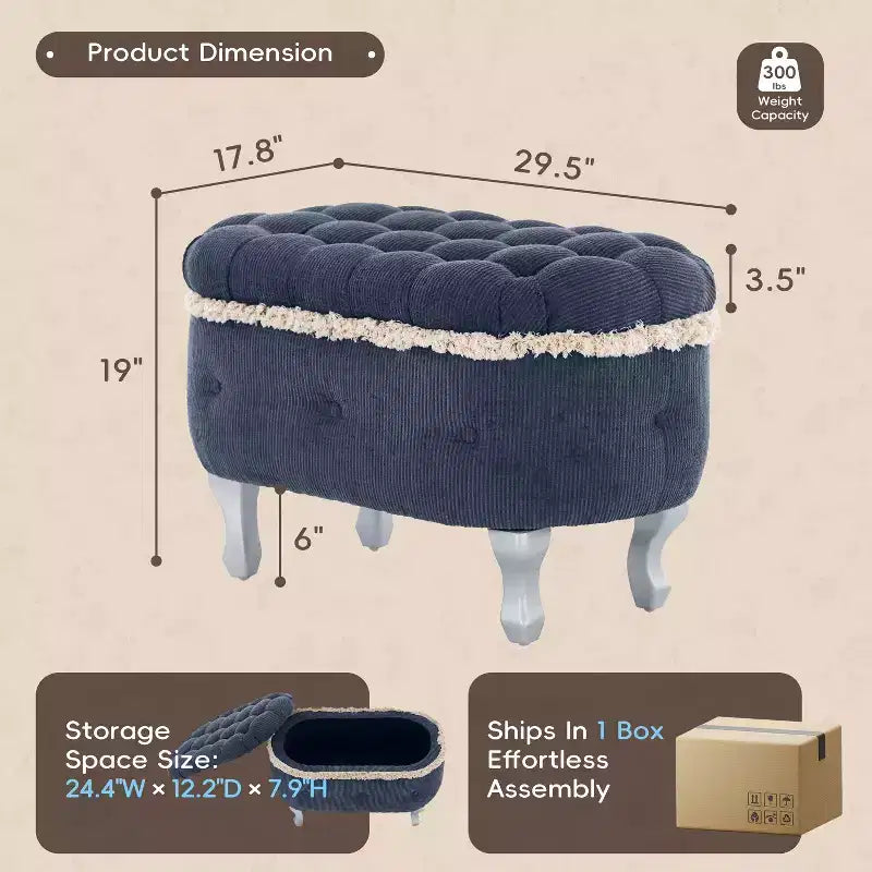 TUYOHW 29.5 Panchina Pouf Contenitore Retrò da Fondo Letto con Frange, Elegante Pouf Accent Trapuntato per Camera da Letto e Soggiorno, Capacità 136 kg