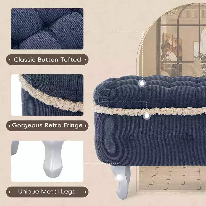 TUYOHW 29.5 Panchina Pouf Contenitore Retrò da Fondo Letto con Frange, Elegante Pouf Accent Trapuntato per Camera da Letto e Soggiorno, Capacità 136 kg