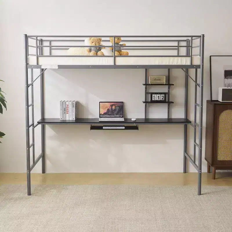 Karl Home Letto a soppalco matrimoniale in metallo con scrivania e mensole, 2 scale incorporate