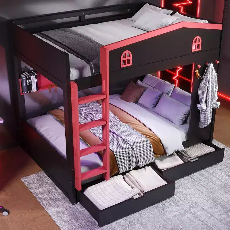 Bellemave Letto a castello Queen su Queen con cassetti e mensole portaoggetti, struttura in legno massiccio con ganci, non necessita di rete a molle