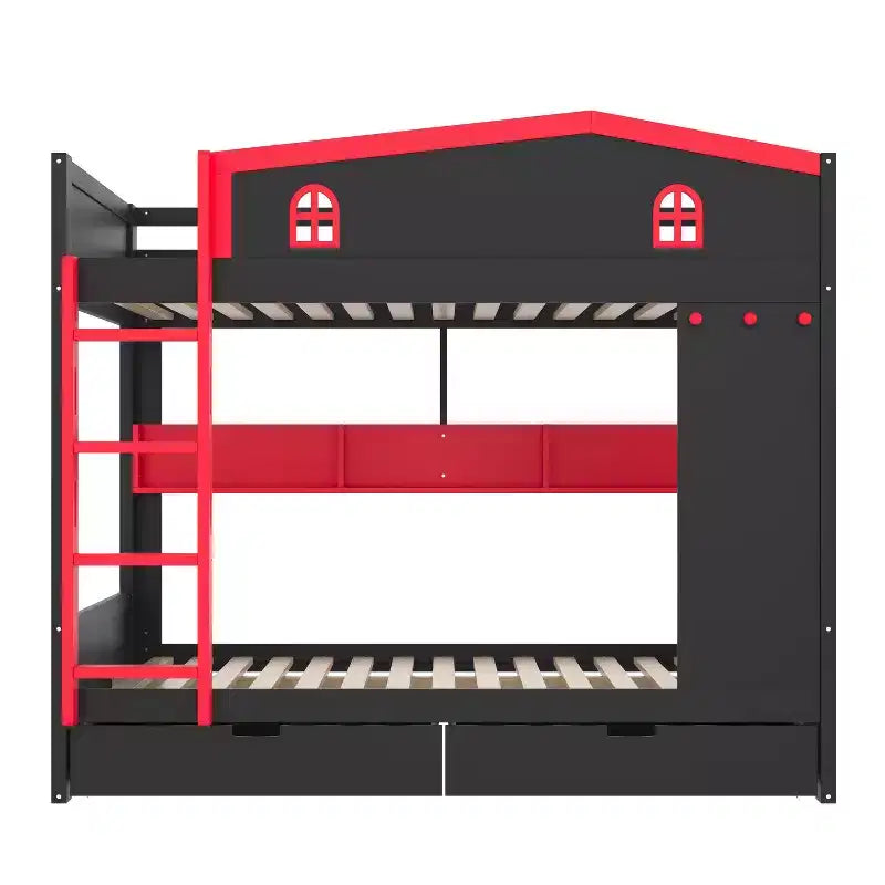 Bellemave Letto a castello Queen su Queen con cassetti e mensole portaoggetti, struttura in legno massiccio con ganci, non necessita di rete a molle