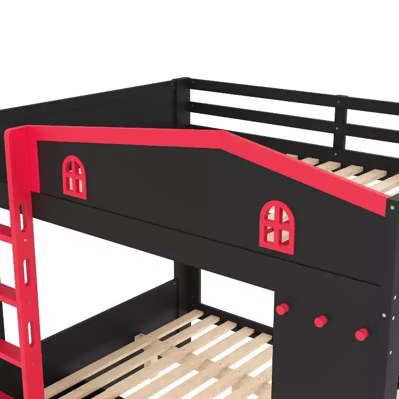 Bellemave Letto a castello Queen su Queen con cassetti e mensole portaoggetti, struttura in legno massiccio con ganci, non necessita di rete a molle