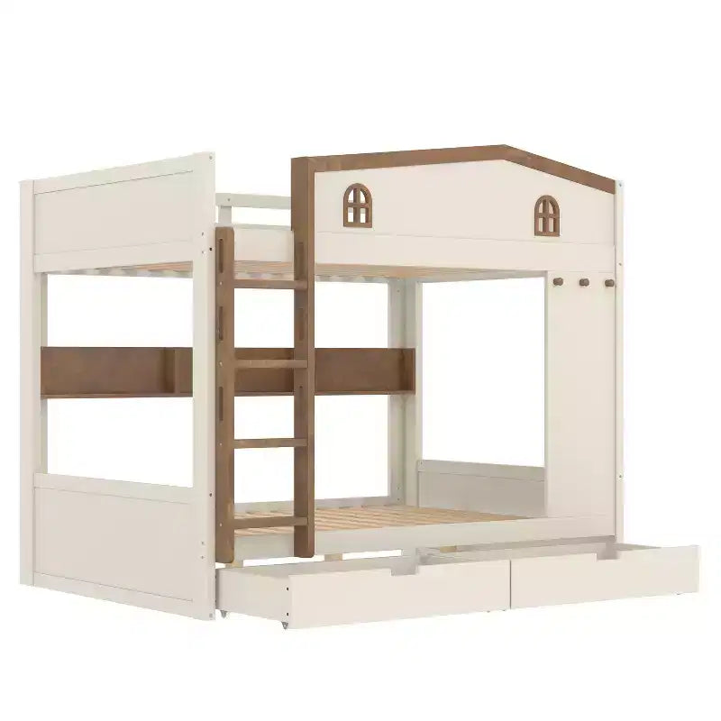 Bellemave Letto a castello Queen su Queen con cassetti e mensole portaoggetti, struttura in legno massiccio con ganci, non necessita di rete a molle