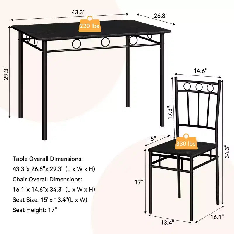 Set da pranzo Dyonery da 5 pezzi per 4 persone – Tavolo e sedie da cucina con robusta struttura in metallo, design moderno salvaspazio