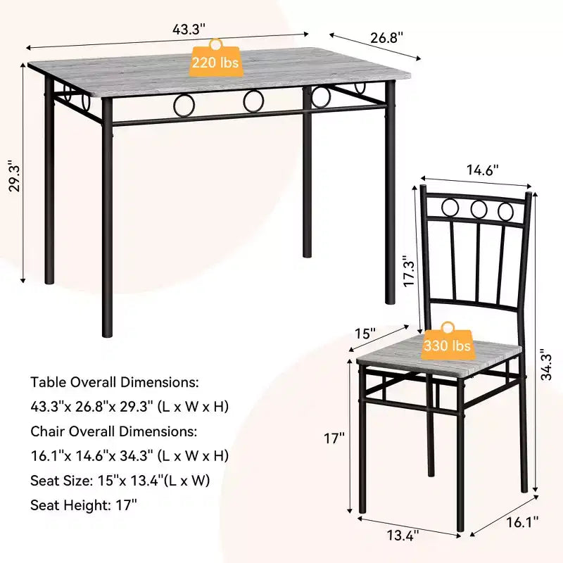 Set da pranzo Dyonery da 5 pezzi per 4 persone – Tavolo e sedie da cucina con robusta struttura in metallo, design moderno salvaspazio