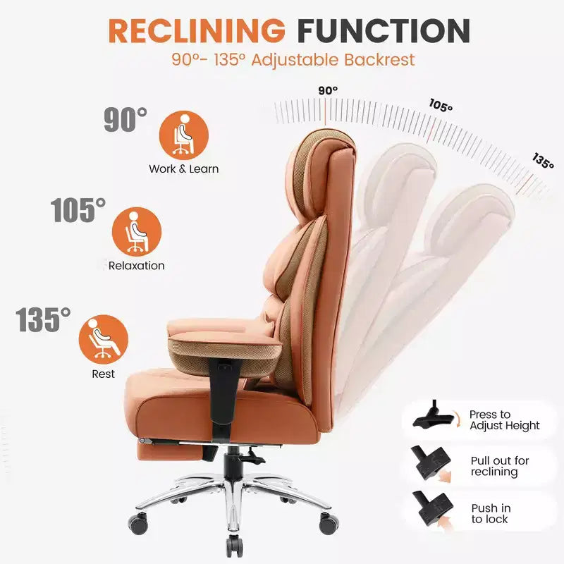 Sedia in pelle grande e alta KERDOM con poggiapiedi, poltrona direzionale ergonomica comoda e spaziosa con schienale alto e supporto lombare, nera