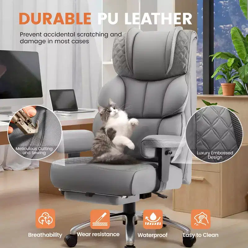 Sedia in pelle grande e alta KERDOM con poggiapiedi, poltrona direzionale ergonomica comoda e spaziosa con schienale alto e supporto lombare, nera