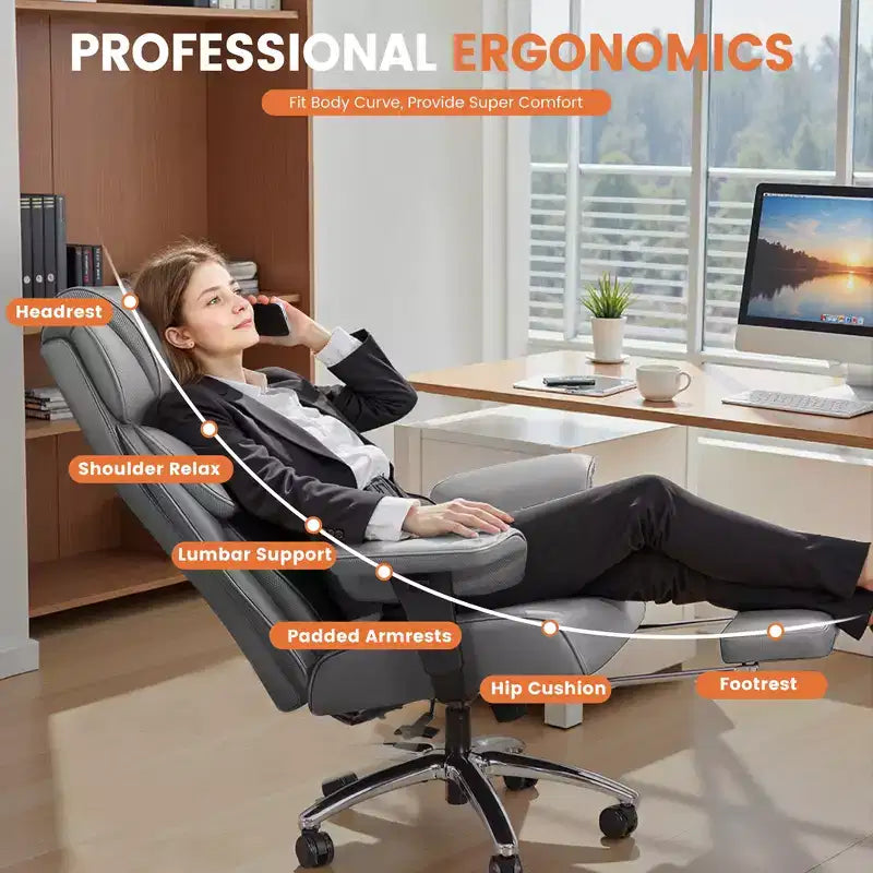 Sedia in pelle grande e alta KERDOM con poggiapiedi, poltrona direzionale ergonomica comoda e spaziosa con schienale alto e supporto lombare, nera