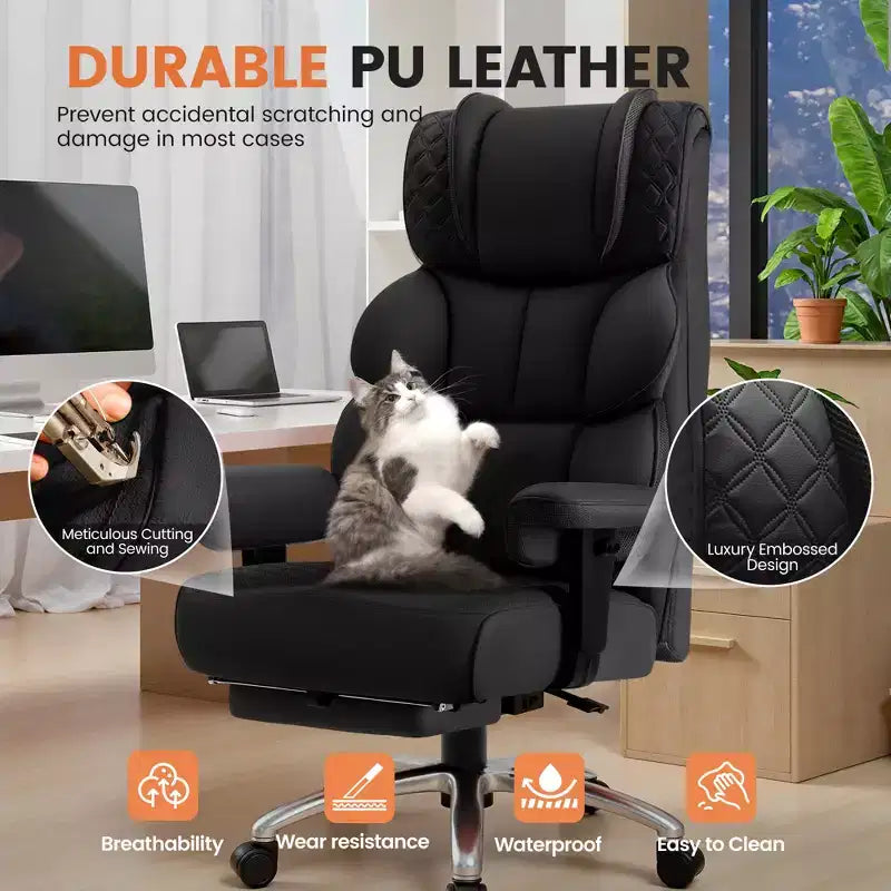 Sedia in pelle grande e alta KERDOM con poggiapiedi, poltrona direzionale ergonomica comoda e spaziosa con schienale alto e supporto lombare, nera