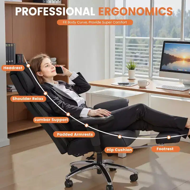 Sedia in pelle grande e alta KERDOM con poggiapiedi, poltrona direzionale ergonomica comoda e spaziosa con schienale alto e supporto lombare, nera