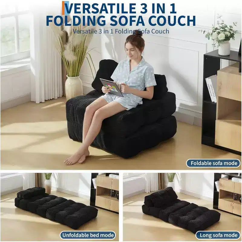 Divano Letto Pieghevole Singolo & Poltrona Letto con Cuscino, Materasso Portatile con Supporto per Soggiorno, Camera da Letto, Dormitorio, Appartamento Nero (2pz)