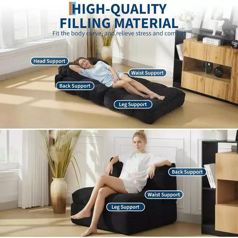 Divano Letto Pieghevole Singolo & Poltrona Letto con Cuscino, Materasso Portatile con Supporto per Soggiorno, Camera da Letto, Dormitorio, Appartamento Nero (2pz)