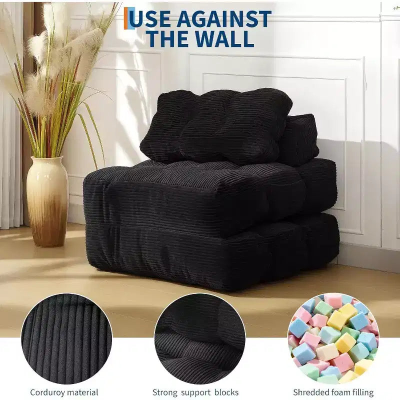 Divano Letto Pieghevole Singolo & Poltrona Letto con Cuscino, Materasso Portatile con Supporto per Soggiorno, Camera da Letto, Dormitorio, Appartamento Nero (2pz)