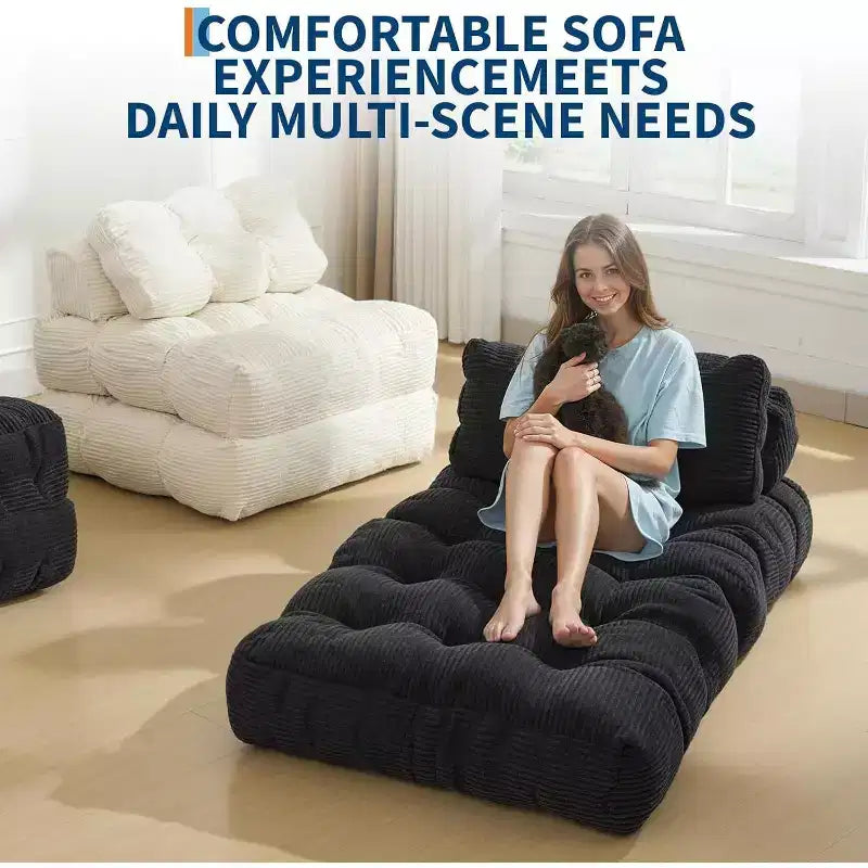 Divano Letto Pieghevole Singolo & Poltrona Letto con Cuscino, Materasso Portatile con Supporto per Soggiorno, Camera da Letto, Dormitorio, Appartamento Nero (2pz)